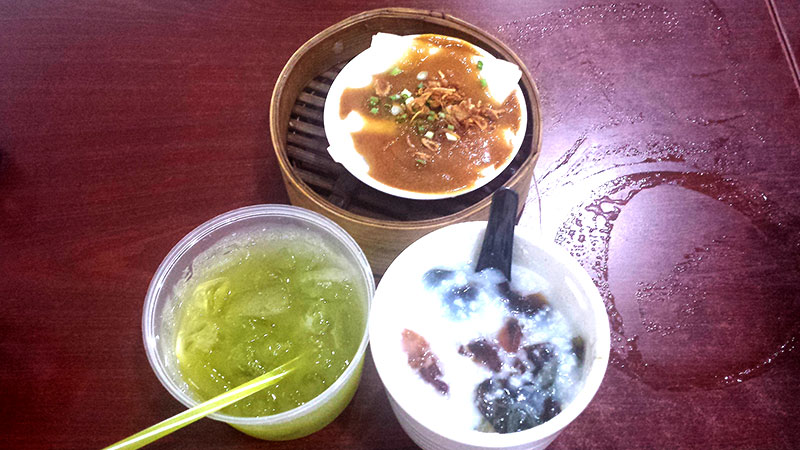 Sugar cane juice, Century egg porridge, Chee cheong fun