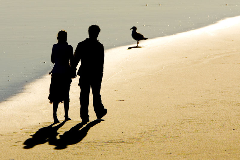 Silhouette of a couple, walking along the beach