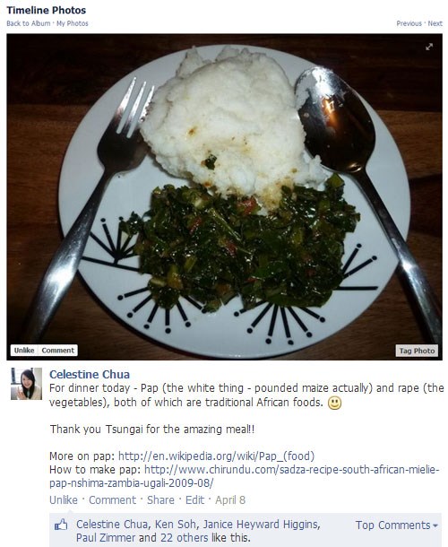 Celes' Facebook update of her dinner in South Africa (Pap and Rape vegetable)