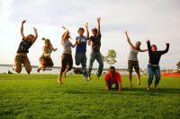 People jumping on a field