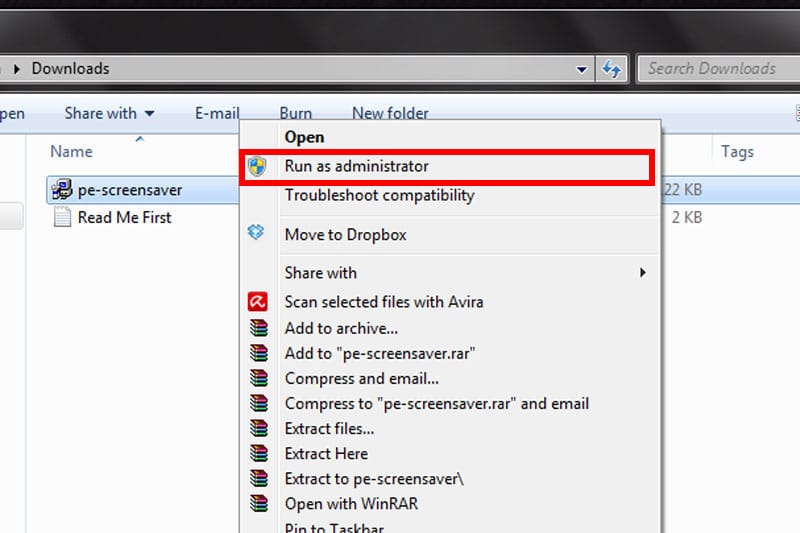 Installing the screensaver - Run as Administrator