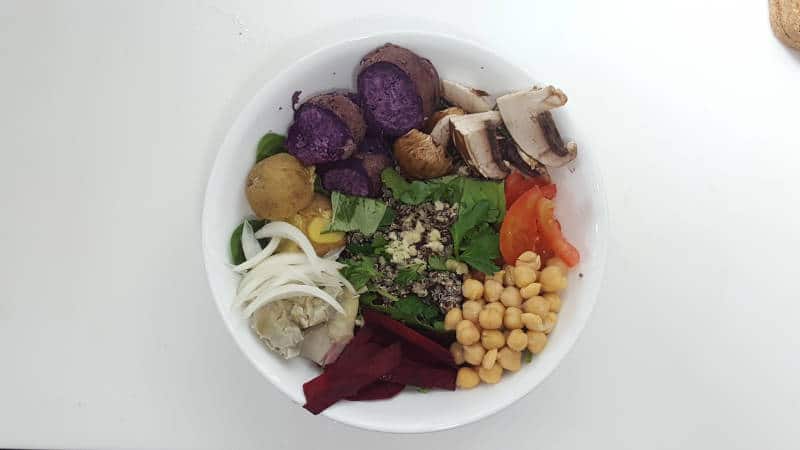 Vegan Salad: Quinoa, Potato, Sweet Potato, Mushroom, Tomato, Chickpeas, Beetroot, Onion, Artichoke (Vegan, No Oil)